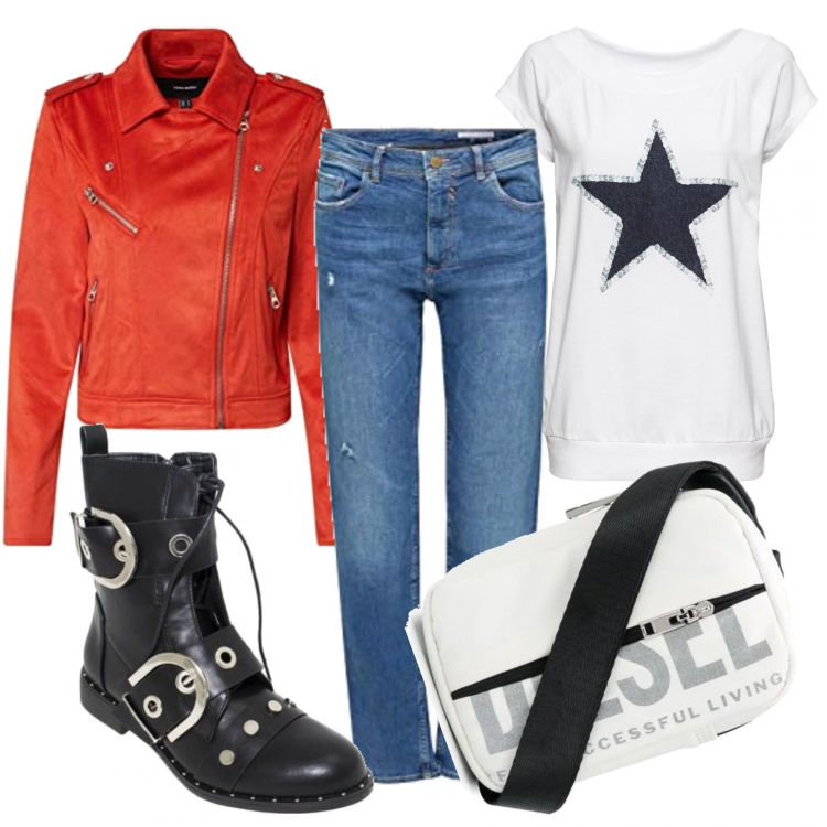 Outfit donna - Rock #5150. Stile Rock per Scuola/Università. Abbinamento con t-shirt, anfibi, borse a spalla, blazer, jeans mom.