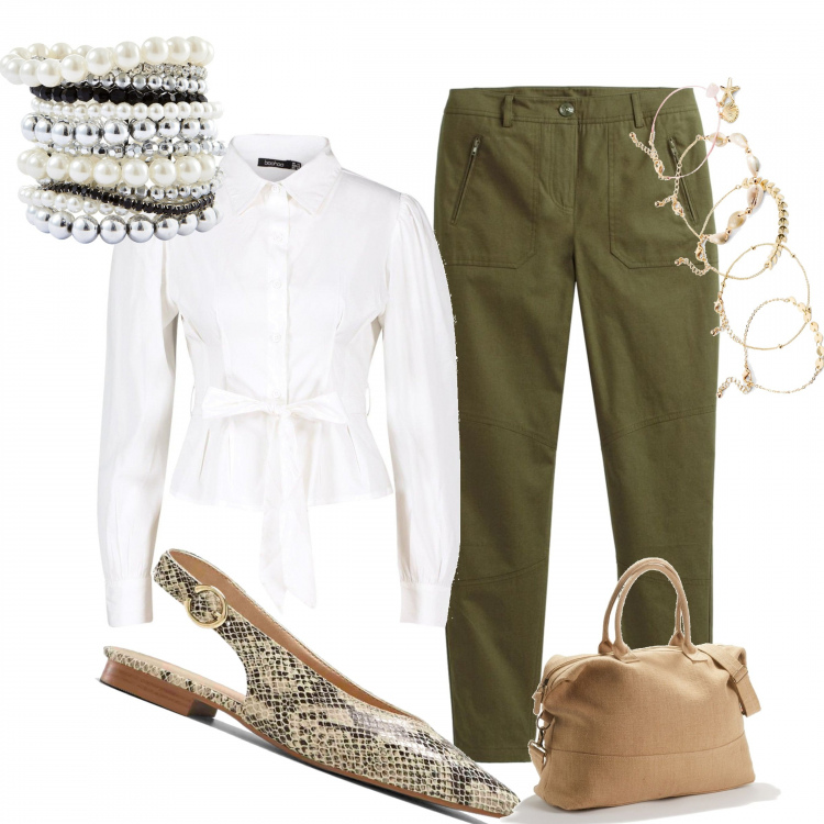 Outfit femme - On adore. Style Tendance pour Tous les jours. Assortir avec bracelets, ballerines, bracelets, pantalon , chemisiers, sac cabas.