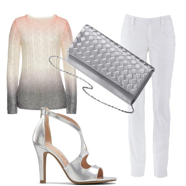 Outfit donna - Cinema all\'aperto. Stile Trendy per Serata fuori. Abbinamento con pantaloni, maglioni, sandali col tacco, pochette.