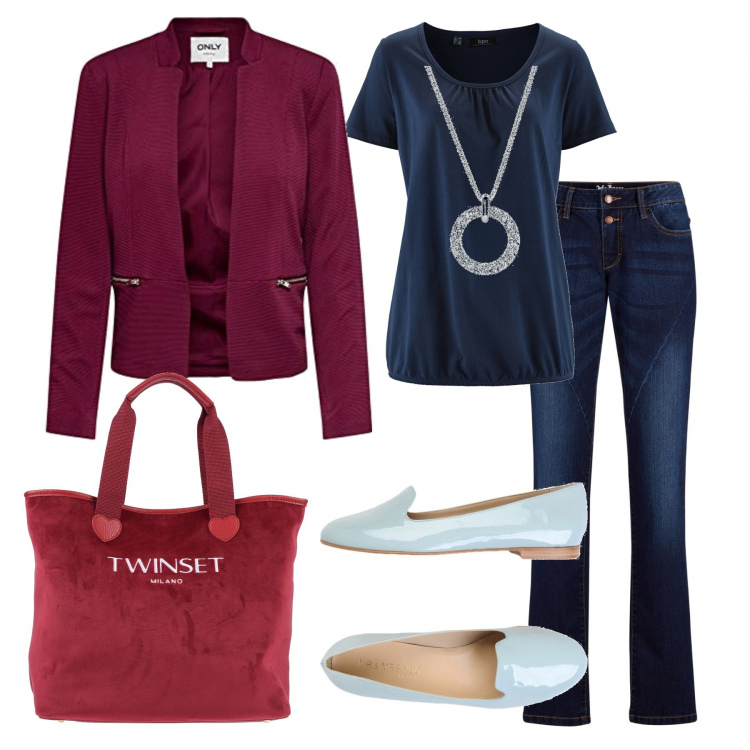 Outfit donna - In ufficio senza tacchi#Curvy. Stile Trendy per Ufficio. Abbinamento con t-shirt, jeans dritti, mocassini, borse a mano, blazer, collane.
