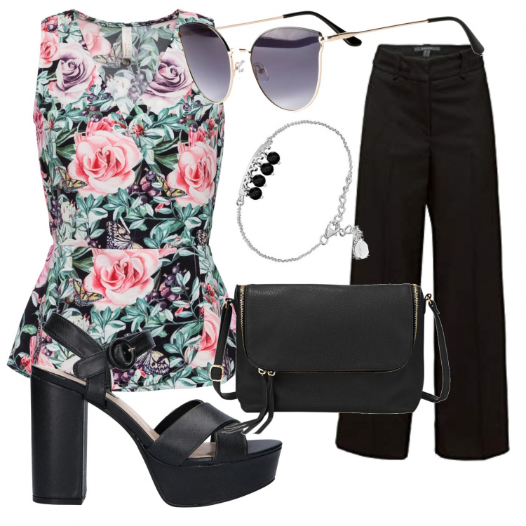 Outfit donna - Bon Ton #24104. Stile Bon Ton per Ufficio. Abbinamento con bluse, portafogli, occhiali da sole, pantaloni, sandali, braccialetti.