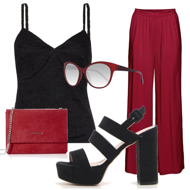 Outfit donna - Basic #34138. Stile Basic per Tutti i giorni. Abbinamento con pantaloni a palazzo, top, sandali, occhiali da sole, borse a spalla.