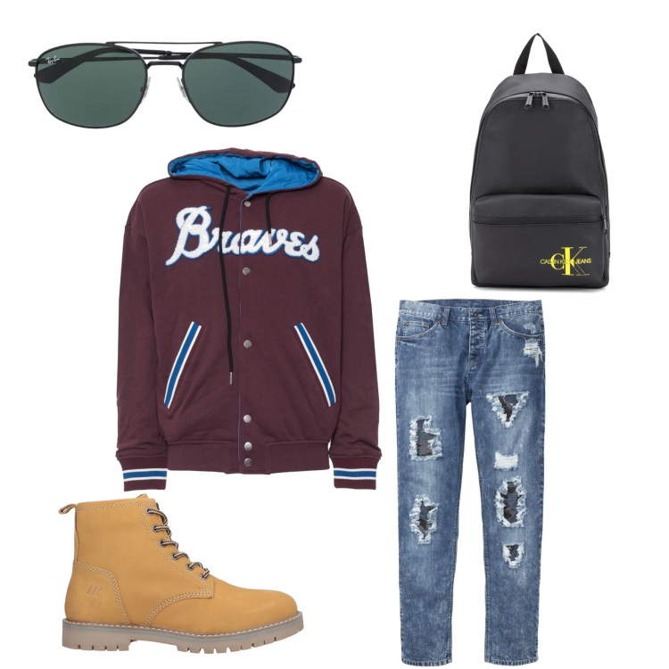 Outfit uomo - 5 Must. Stile Casual per Tutti i giorni. Abbinamento con jeans strappati, stivali e stivaletti, occhiali da sole, borse sportive, cappotti.