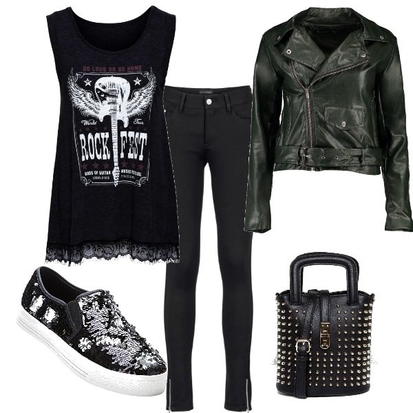 Outfit donna - Rock inside. Stile Rock per Serata fuori. Abbinamento con pantaloni, maglia con pizzo e stampa nero, borsa a tracolla con borchie e fibbia in pelle sintetica con tasca interna nero.