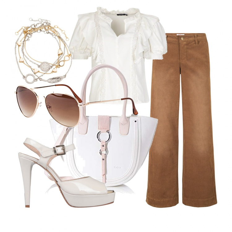 Outfit donna - Sbrigo un po\' di commissioni. Stile Trendy per Tutti i giorni. Abbinamento con pantaloni, braccialetti con ciondoli, occhiali da sole, sandali col tacco, bluse, borse a tracolla.