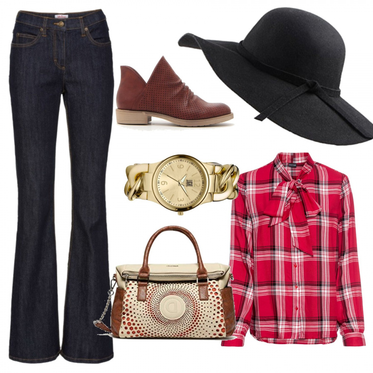Outfit donna - How do: il 70\'s curvy. Stile Trendy per Tutti i giorni. Abbinamento con jeans bootcut, camicie, stivaletti, borse a mano, cappelli, orologi.