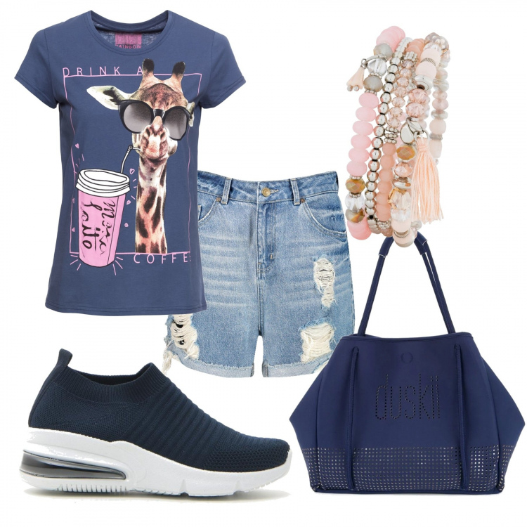 Outfit donna - Urban #20706. Stile Urban per Tutti i giorni. Abbinamento con t-shirt, braccialetti, pantaloni corti, borse tote, sneakers.
