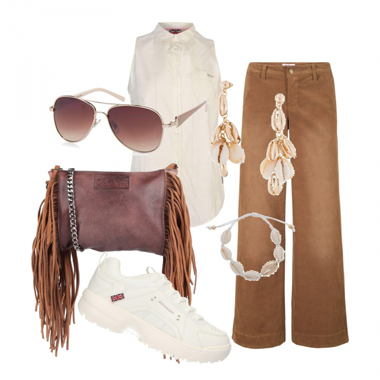 Outfit donna - Primo sabato dopo il rientro. Stile Trendy per Tutti i giorni. Abbinamento con pantaloni, orecchini, borse a spalla, camicie, sneakers, occhiali da sole.