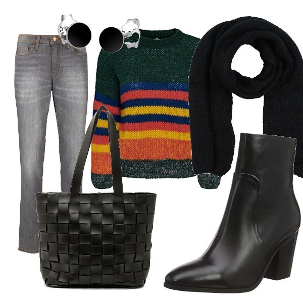 Outfit donna - Street style. Stile Urban per Tutti i giorni. Abbinamento con jeans mom, sciarpe, borse tote, pullovers, stivaletti texani, orecchini.