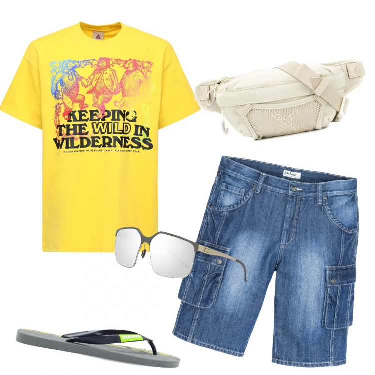Outfit uomo - Casual. Stile Casual per Tutti i giorni. Abbinamento con bermuda, borse sportive, occhiali da sole, sandali, t-shirt.