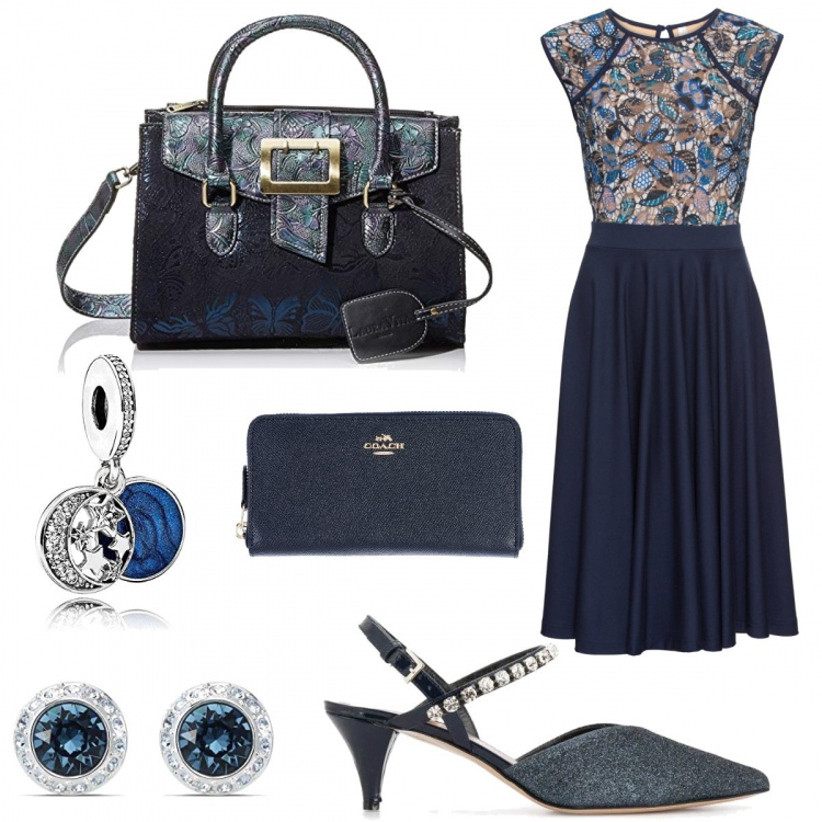 Outfit donna - Cresima di mia nipote. Stile Chic per Cerimonia. Abbinamento con vestiti midi/longuette, portafogli, décolleté, borse a mano, orecchini, ciondoli.
