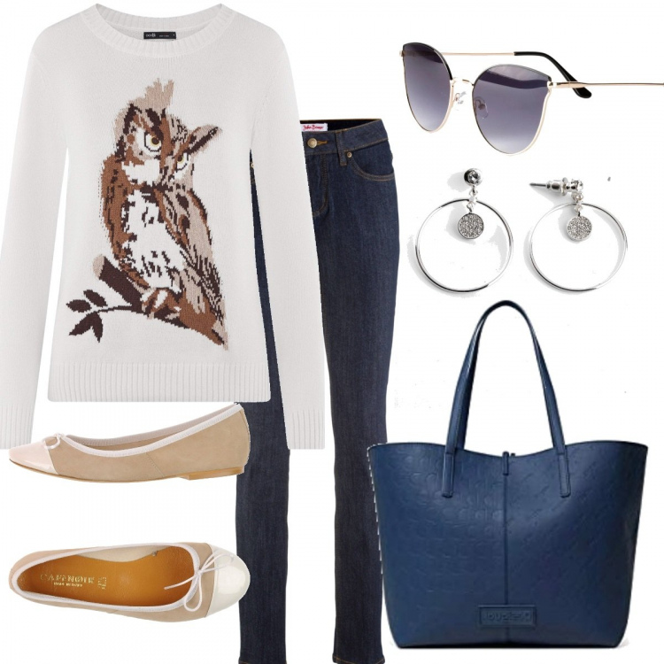 Outfit donna - Dopo l\'estate.. la prima pioggia... Stile Trendy per Tutti i giorni. Abbinamento con jeans skinny, orecchini, occhiali da sole, ballerine, felpe, shopping bag.