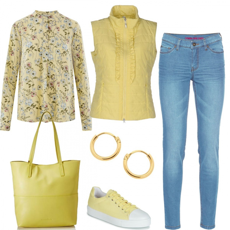 Outfit donna - Il gilè con ruches e la camicia a fiori. Stile Basic per Tutti i giorni. Abbinamento con jeans skinny, cappotti, sneakers, camicie, borse tote, orecchini.
