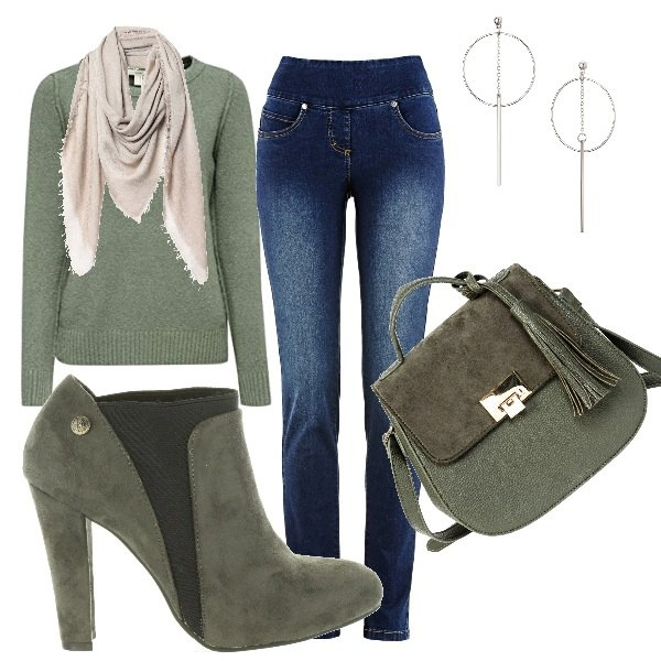 Outfit donna - Stile militare. Stile Trendy per Tutti i giorni. Abbinamento con jeans slim fit, borse a spalla, orecchini, foulard, stivaletti, felpe.