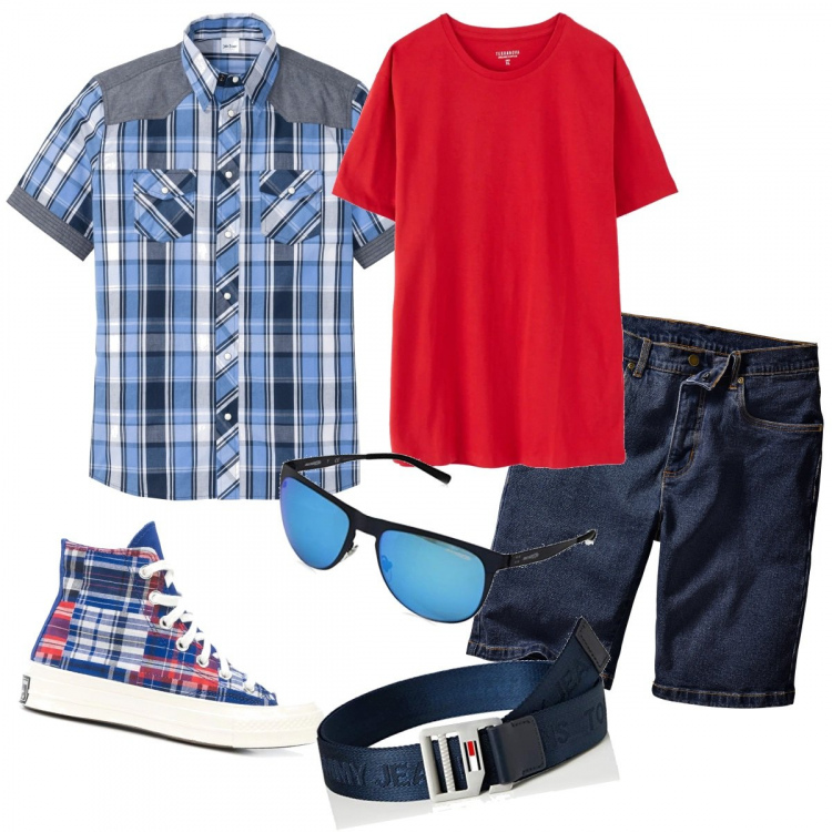 Outfit uomo - Camicia e tshirt. Stile Casual per Tutti i giorni. Abbinamento con camicie a manica corta, bermuda, t-shirt, sneakers alte, occhiali da sole, cinture.