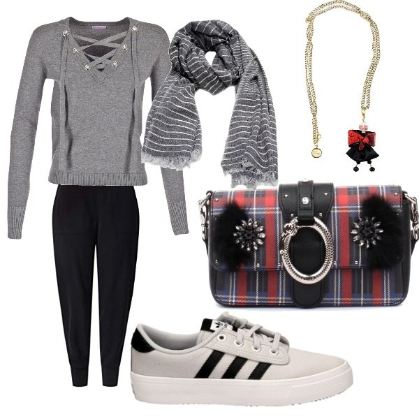 Outfit donna - Borsetta hipster. Stile Trendy per Scuola/Università. Abbinamento con sneakers, maglioni, borse a spalla, sciarpe, ciondoli, pantaloni.