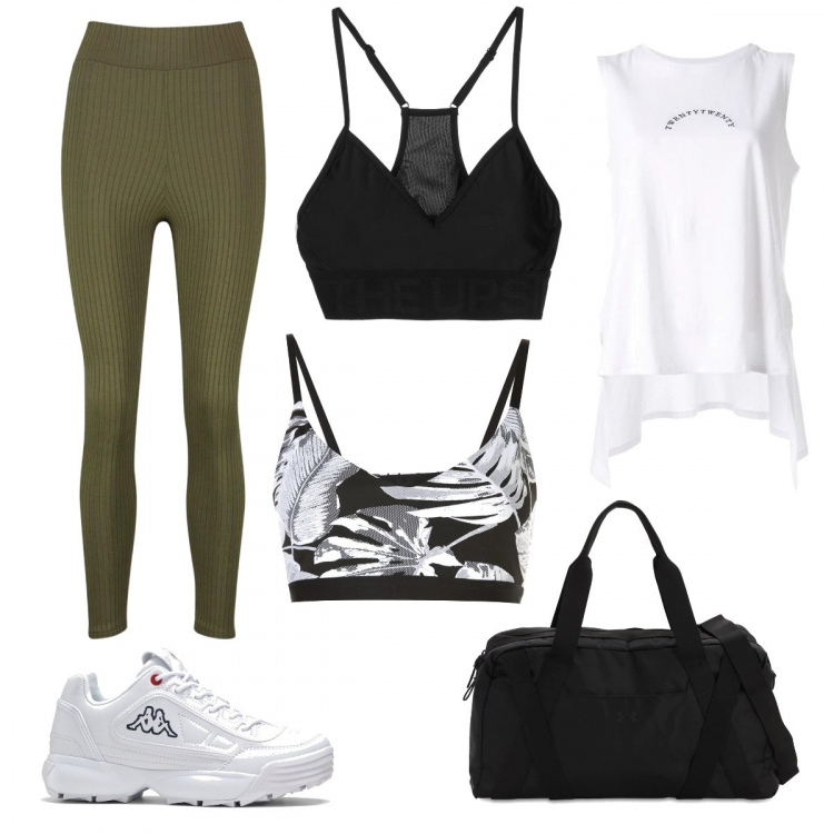 Outfit femme - Sport tendance. Style Tendance pour Sport. Assortir avec sneakers, débardeurs à bretelles, sacs de sport, legging, hauts de sport, débardeurs à bretelles.