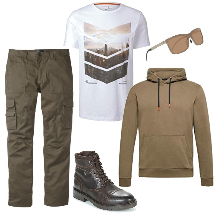Outfit uomo - Escursione in montagna. Stile Casual per Tutti i giorni. Abbinamento con pantaloni cargo, stivali e stivaletti, occhiali da sole, felpe, t-shirt.