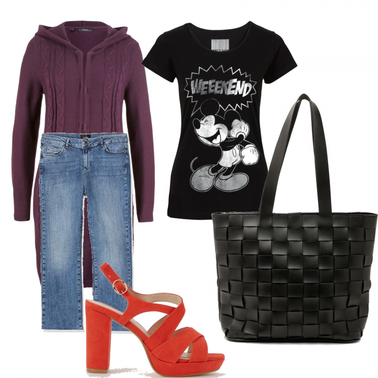 Outfit donna - Trendy #58033. Stile Trendy per Tutti i giorni. Abbinamento con t-shirt, cardigans, sandali col tacco, borse tote, jeans a zampa.