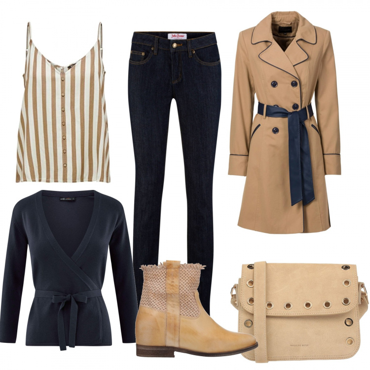 Outfit donna - Primi temporali. Stile Trendy per Tutti i giorni. Abbinamento con trench, jeans skinny, stivaletti, borse a tracolla, cardigans, camicie.