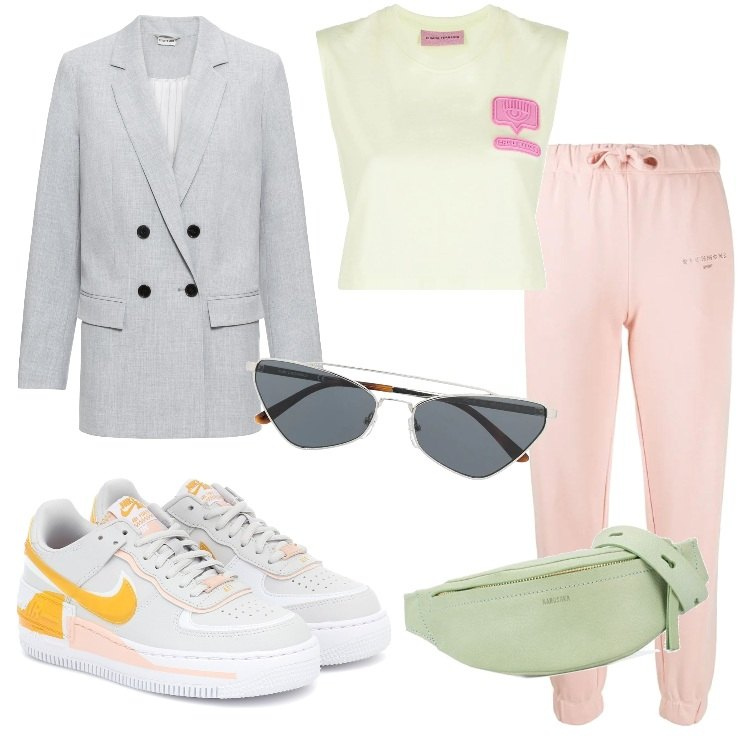 Outfit femme - #35 Sporty chic. Style Urban pour Tous les jours. Assortir avec blazers, sneakers, pantalons de sport, débardeurs à bretelles, lunettes de soleil, sacs banane.
