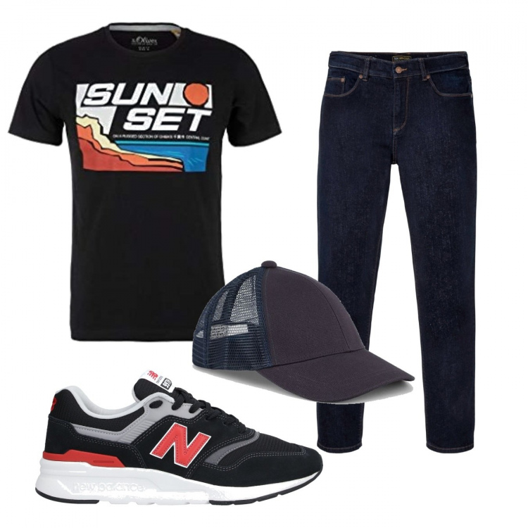Outfit uomo - Casual #18212. Stile Casual per Tutti i giorni. Abbinamento con jeans dritti, sneakers, cappelli con visiera, t-shirt.