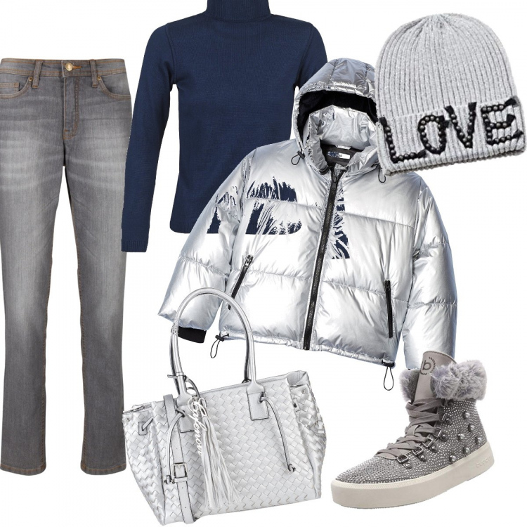 Outfit donna - Pronta per il freddo. Stile Urban Abbinamento con jeans mom, borse a mano, maglioni, piumini, stivaletti, berretti.