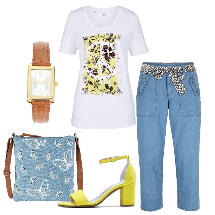 Outfit donna - Jeans Capri e t-shirt. Stile Basic per Tutti i giorni. Abbinamento con orologi, jeans, t-shirt, borse a mano, sneakers.