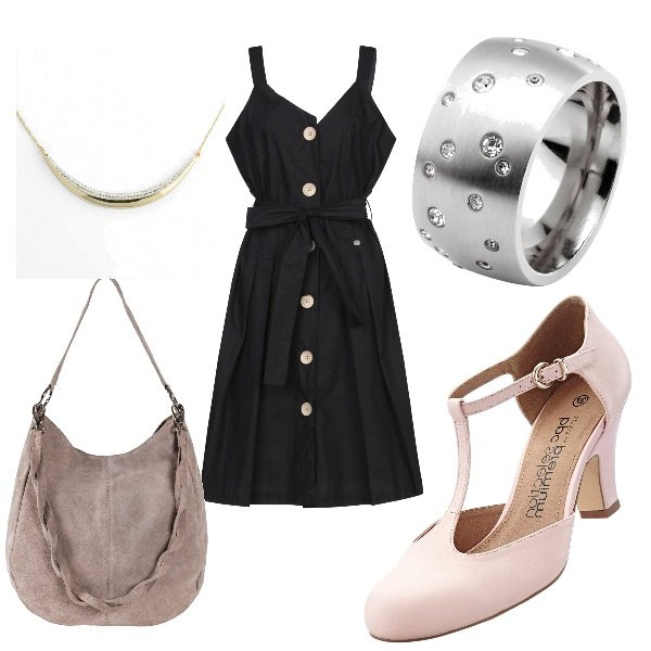 Outfit donna - Casual quotidiano. Stile Basic per Tutti i giorni. Abbinamento con borse a mano, décolleté, anelli, costumi interi, vestiti midi/longuette.