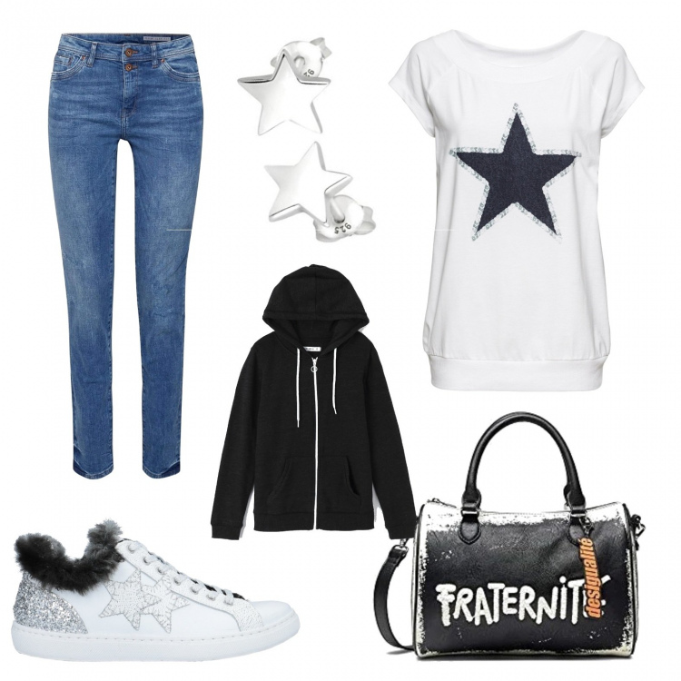 Outfit donna - Sabato pomeriggio in centro. Stile Urban per Tutti i giorni. Abbinamento con t-shirt, sneakers, felpe con cappuccio, borse tote, jeans slim fit, orecchini.