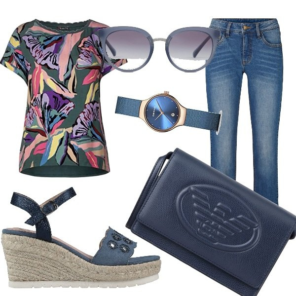 Outfit donna - Casual quotidiano. Stile Basic per Tutti i giorni. Abbinamento con jeans dritti, sandali in pelle, t-shirt, borse a tracolla, orologi, occhiali da sole.
