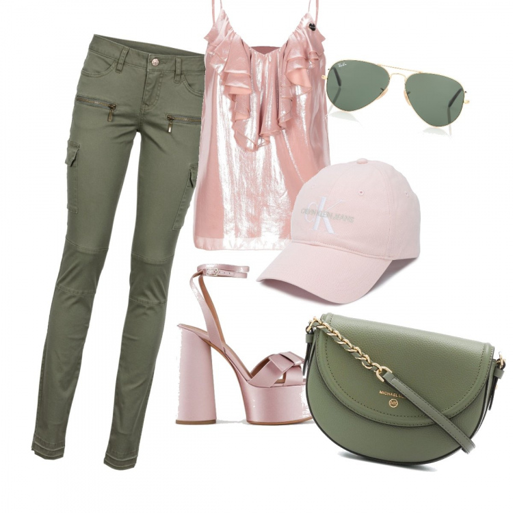 Outfit donna - Militare femminile. Stile Trendy Abbinamento con pantaloni cargo, top, borse a spalla, cappelli con visiera, sandali col tacco, occhiali da sole.