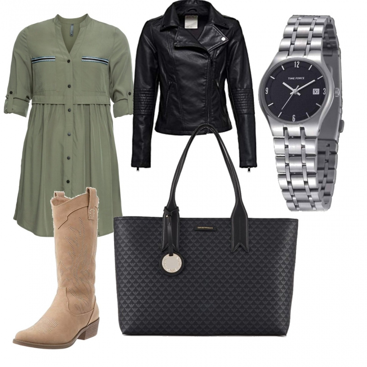 Outfit donna - Rock #5224. Stile Rock per Tutti i giorni. look ideale per Petite. Abbinamento con vestiti chemisier, stivaletti texani, blazer, borse tote, orologi.