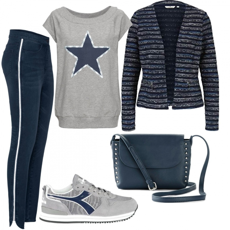 Outfit donna - Semplice. Stile Basic per Tutti i giorni. Abbinamento con t-shirt, jeans skinny, borse a spalla, sneakers, blazer.