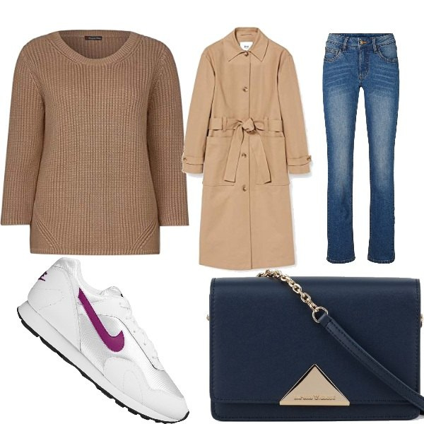 Outfit donna - Street style. Stile Urban per Tutti i giorni. Abbinamento con jeans dritti, trench, maglioni, sneakers, borse a tracolla.