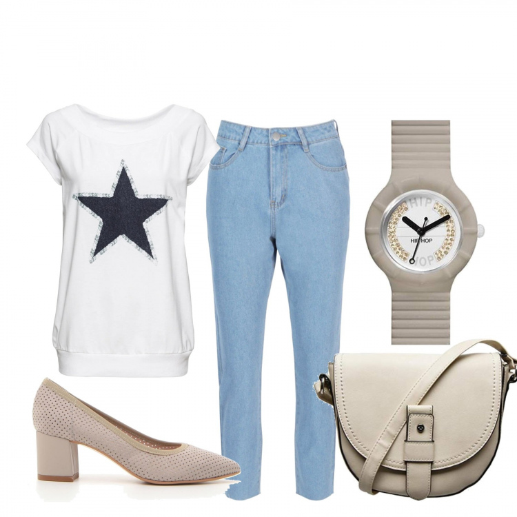 Outfit donna - Basic #34493. Stile Basic per Tutti i giorni. Abbinamento con t-shirt, jeans mom, orologi, borse a tracolla, décolleté.