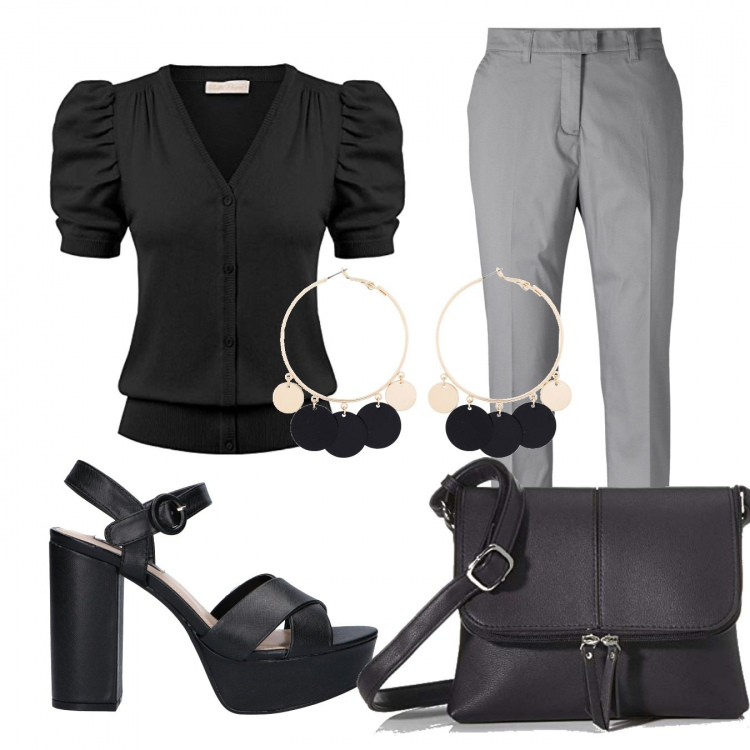Outfit donna - Bon Ton #24445. Stile Bon Ton per Ufficio. Abbinamento con vestiti chemisier, orecchini, bolero, borse a tracolla, sandali.