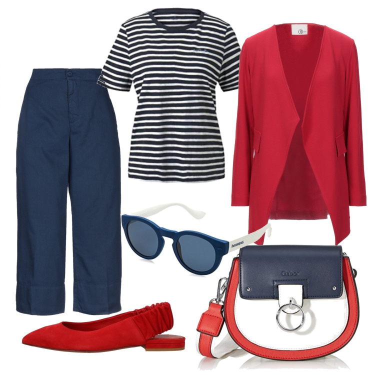 Outfit donna - Basic #34509. Stile Basic per Tutti i giorni. Abbinamento con blazer, pantaloni capri, ballerine, borse a tracolla, t-shirt, occhiali da sole.