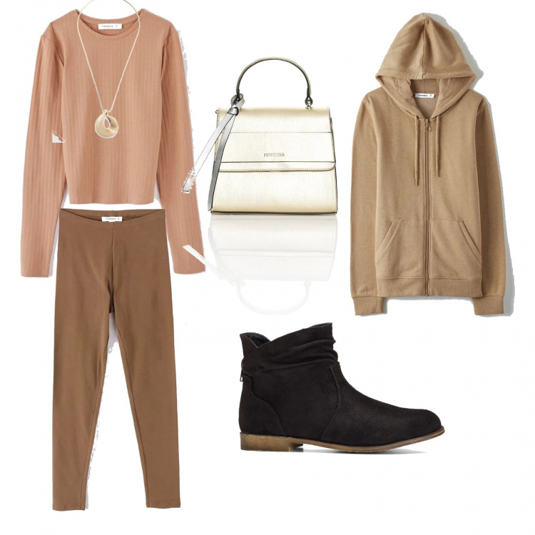 Outfit donna - Basic #34512. Stile Basic per Tutti i giorni. Abbinamento con stivaletti, ciondoli, t-shirt, leggings, felpe con cappuccio, borse a mano.