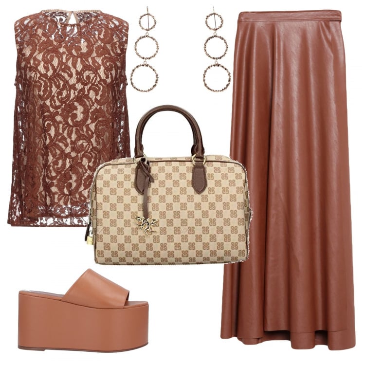 Outfit donna - Trendy #58407. Stile Trendy per Serata fuori. Abbinamento con gonne lunghe, top, sandali, orecchini, borse a mano.