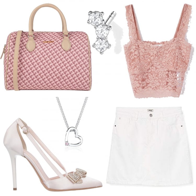 Outfit donna - Sexy #7640. Stile Sexy per Tutti i giorni. Abbinamento con décolleté, borse a mano, top, gonne, orecchini, ciondoli.