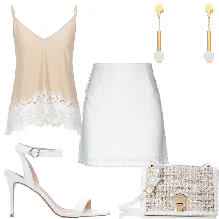 Outfit donna - Evento elegante. Stile Bon Ton per Cerimonia. Abbinamento con top, minigonne, sandali col tacco, orecchini, borse a spalla.