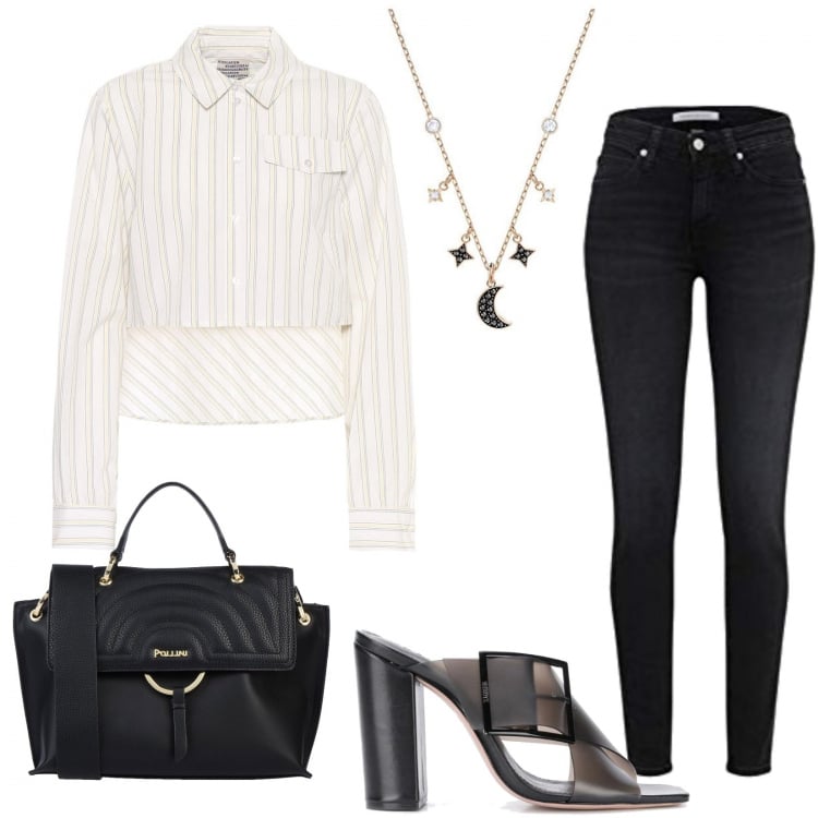 Outfit donna - Settembre è alle porte. Stile Basic per Tutti i giorni. Abbinamento con borse a spalla, pantofole, camicie, jeans skinny, collane.