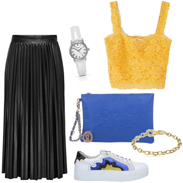 Outfit donna - Rock #5231. Stile Rock per Tutti i giorni. Abbinamento con sneakers, borse a mano, top, gonne, ciondoli, orologi analogici.