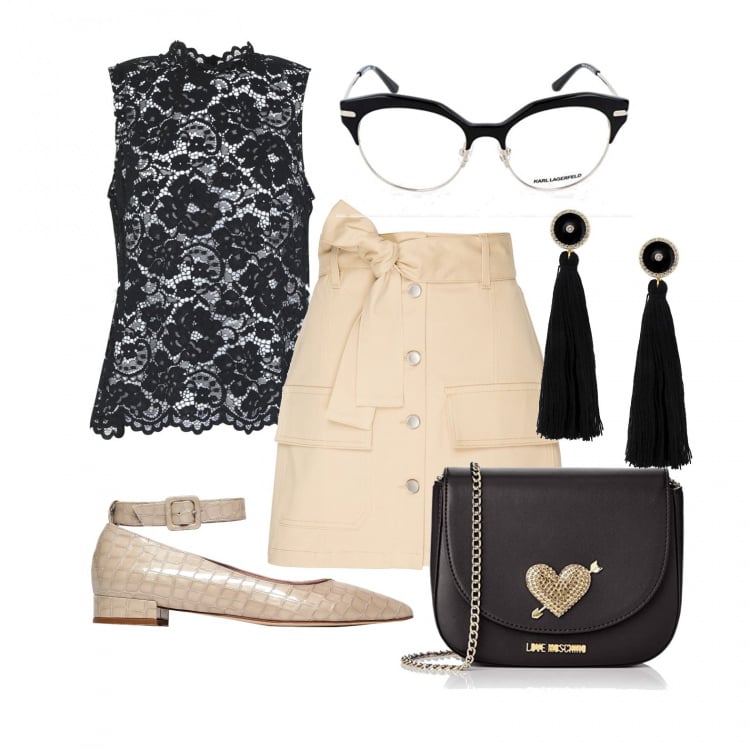 Outfit donna - Gonna+top in pizzo. Stile Trendy per Tutti i giorni. Abbinamento con minigonne, top, ballerine, orecchini, pochette, occhiali.