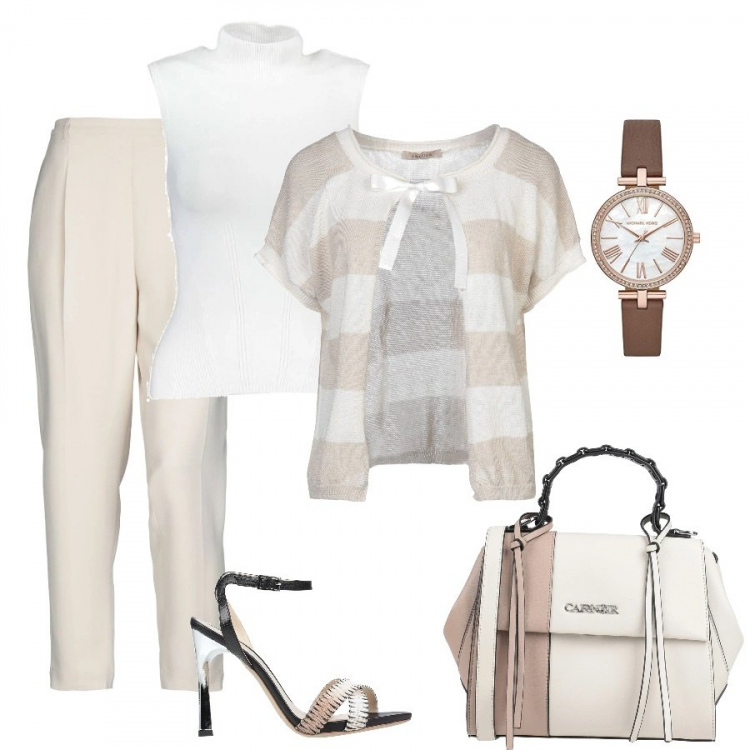 Outfit donna - Bon ton con le offerte di settembre. Stile Bon Ton per Tutti i giorni. Abbinamento con borse a mano, cardigans, sandali in pelle, pantaloni capri, canottiere, orologi analogici.