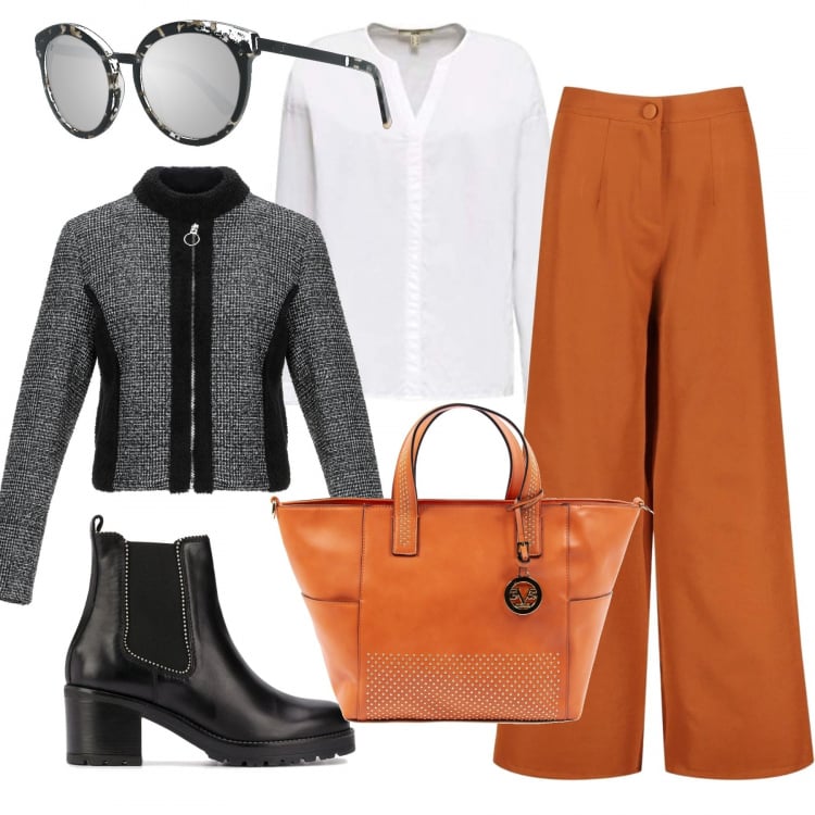 Outfit donna - Bon Ton #24463. Stile Bon Ton per Tutti i giorni. Abbinamento con cappotti, pantaloni a palazzo, stivali, borse a mano, camicie, occhiali da sole.