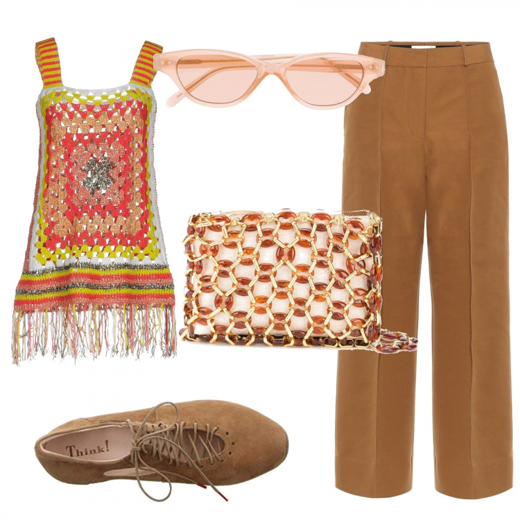 Outfit donna - Etnico #5683. Stile Etnico per Serata fuori. Abbinamento con top, borse a spalla, occhiali da sole, pantaloni capri, scarpe col tacco.