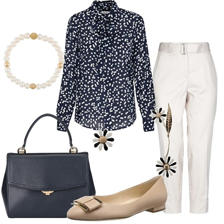 Outfit donna - Pantalone Capri e ballerina. Stile Bon Ton per Ufficio. Abbinamento con pantaloni capri, borse a mano, orecchini, braccialetti, camicie, ballerine.