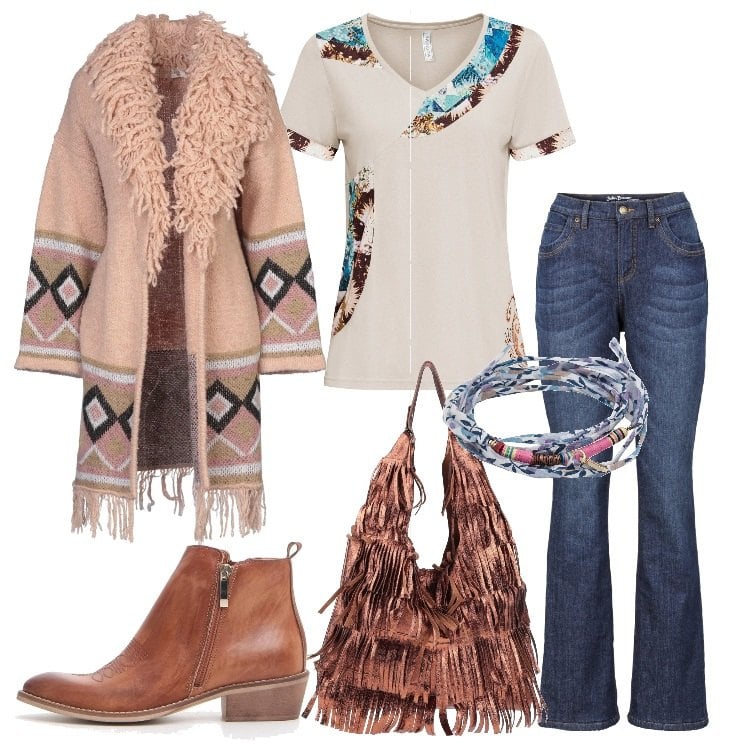 Outfit donna - Trend frange. Stile Etnico per Tutti i giorni. Abbinamento con maglieria, jeans bootcut, cardigans, borse a spalla, braccialetti, stivaletti texani.